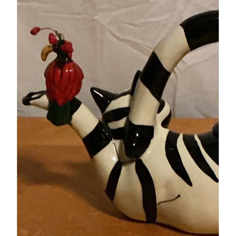 Blue Sky Teapot Clancy Hearts Black White Striped Cat Teapot Bird Hearts‎ Signed